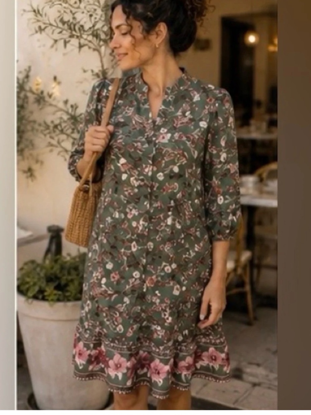 Joie Floral Long Sleeve Silky Style Button Front Dress Size 8 Green & Rose Pink